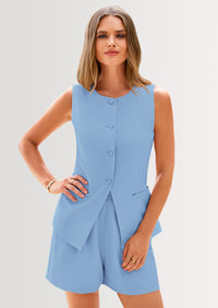 PRETTYGARDEN Two Piece Sets Button Down Suit Vest Tops High Waisted Shorts Business Casual Outfits