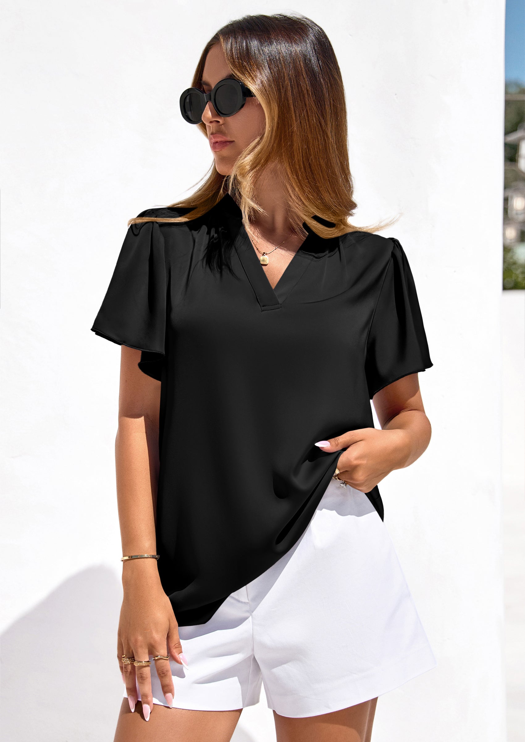 PRETTYGARDEN Women's Summer Blouses Dressy Casual Ruffle Cap Sleeve V Neck Business Work Trendy Cute Tops Spring Outfits PRETTYGARDEN