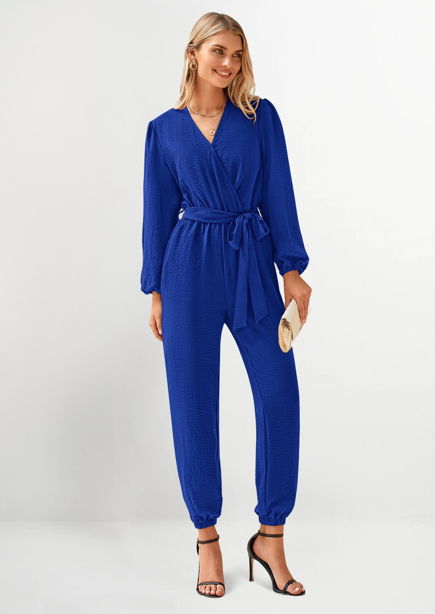 PRETTYGARDEN Women's Fall Jumpsuits Dressy Casual Pants Romper Spring Long Sleeve V Neck Belt Pockets One Piece Outfits