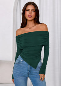 PRETTYGARDEN Women's Long Sleeve Shirts Off Shoulder Tops Going Out Slim Fitted Y2K Blouses Fall Fashion Clothes