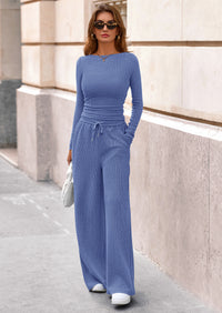 PRETTYGARDEN Women's 2 Piece Lounge Sets Fall Fashion Long Sleeve Crop Top Wide Leg Pants Matching Sets Clothing