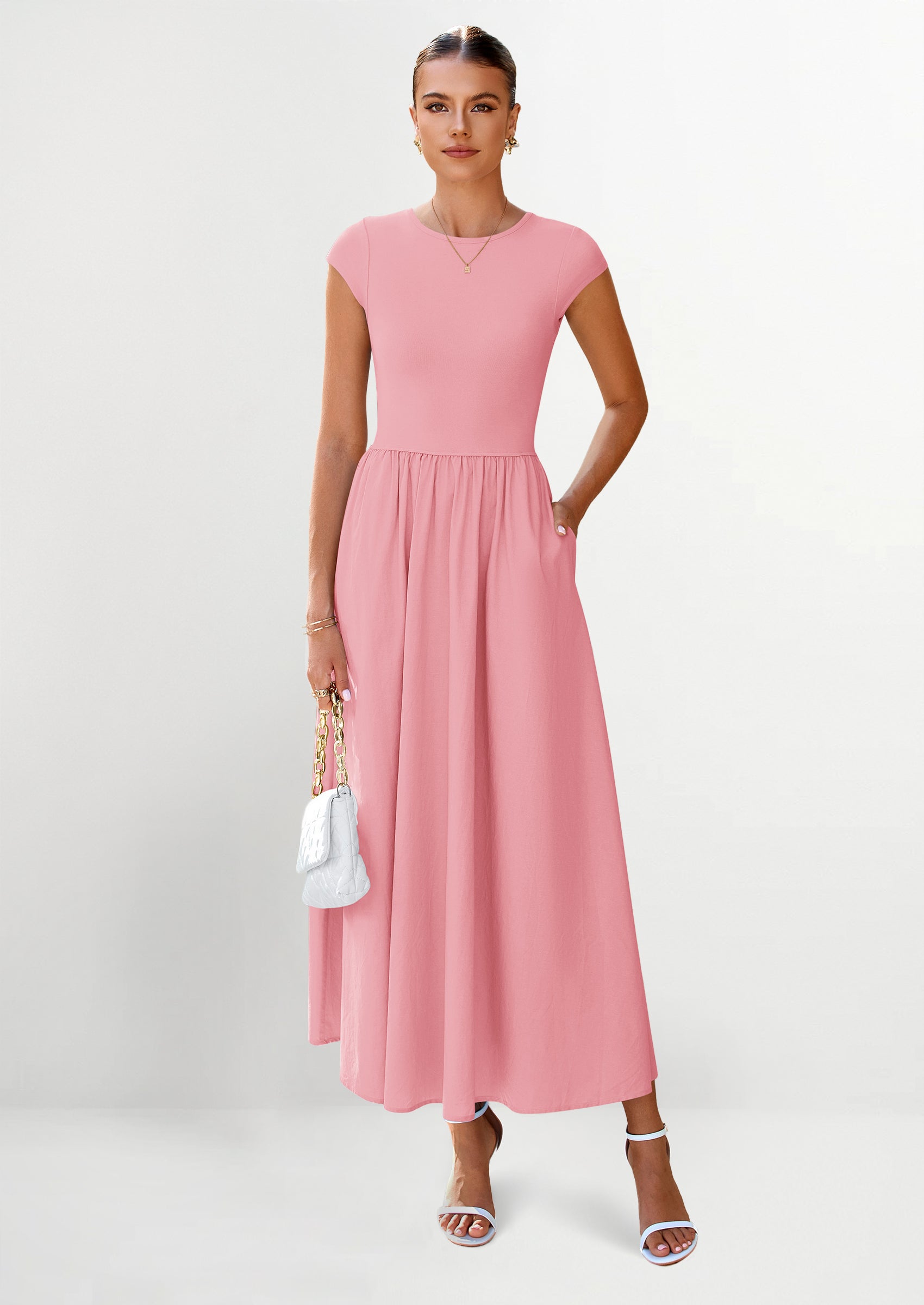 PRETTYGARDEN Women's Casual Long Dresses Cap Sleeve Patchwork A Line Flowy Modest Elegant Homecoming Maxi Dress