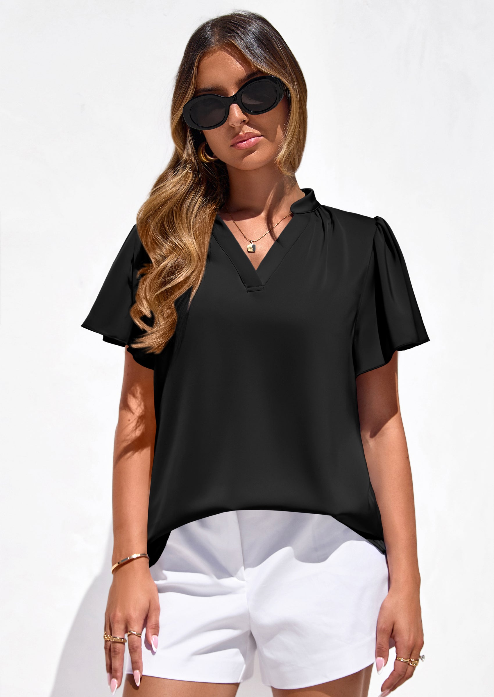 PRETTYGARDEN Women's Summer Blouses Dressy Casual Ruffle Cap Sleeve V Neck Business Work Trendy Cute Tops Spring Outfits PRETTYGARDEN