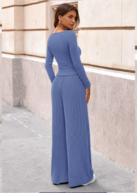 PRETTYGARDEN Women's 2 Piece Lounge Sets Fall Fashion Long Sleeve Crop Top Wide Leg Pants Matching Sets Clothing