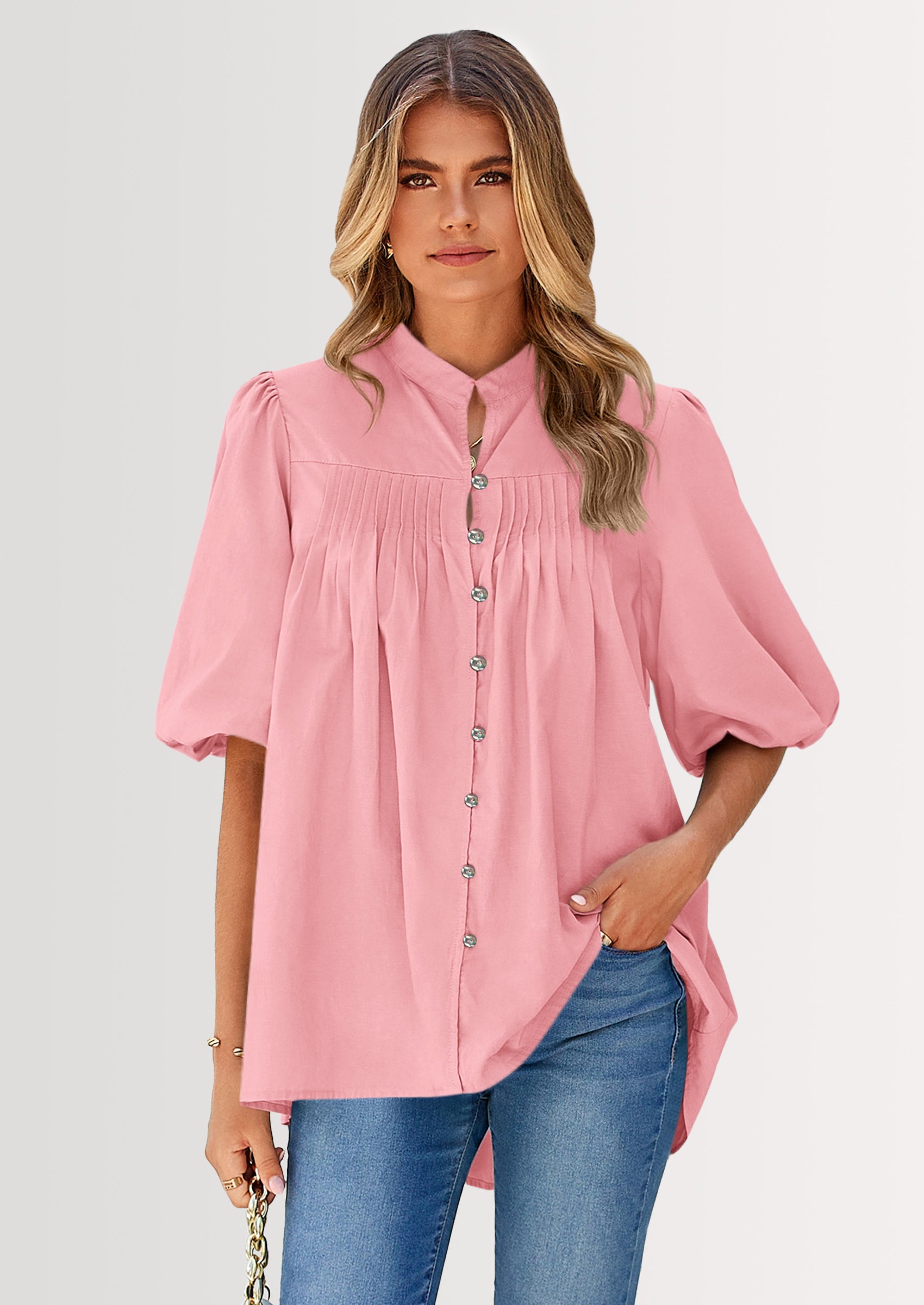 PRETTYGARDEN Women's Summer Short Lantern Sleeve Tops Loose Fit Button Down Shirt Casual Pleated V Neck Blouses