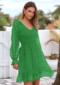 BTFBM Spring Dresses for Women 2026 Long Sleeve Casual V Neck Swiss Dot Smocked Ruffle Chiffon Flowy Mini Summer Dress PRETTYGARDEN