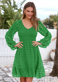 BTFBM Spring Dresses for Women 2026 Long Sleeve Casual V Neck Swiss Dot Smocked Ruffle Chiffon Flowy Mini Summer Dress PRETTYGARDEN