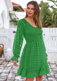 BTFBM Spring Dresses for Women 2026 Long Sleeve Casual V Neck Swiss Dot Smocked Ruffle Chiffon Flowy Mini Summer Dress PRETTYGARDEN