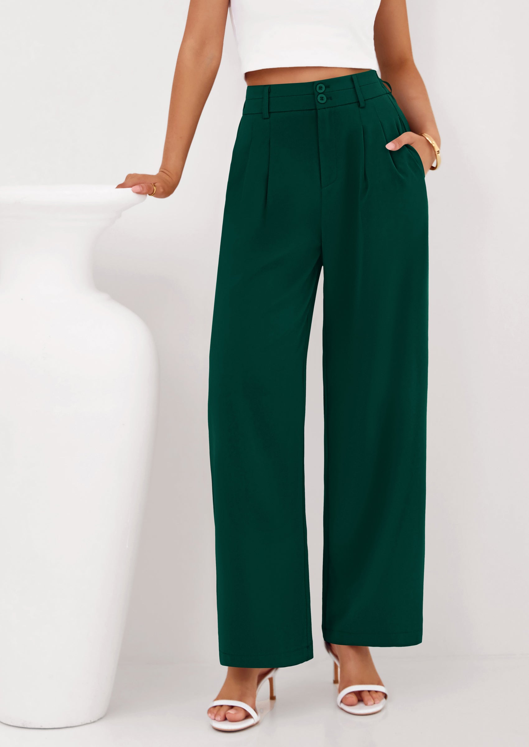 PRETTYGARDEN Womens Spring Wide Leg Palazzo Pants Trendy Loose Button High Waist Pleated Work Business Casual Trousers PRETTYGARDEN