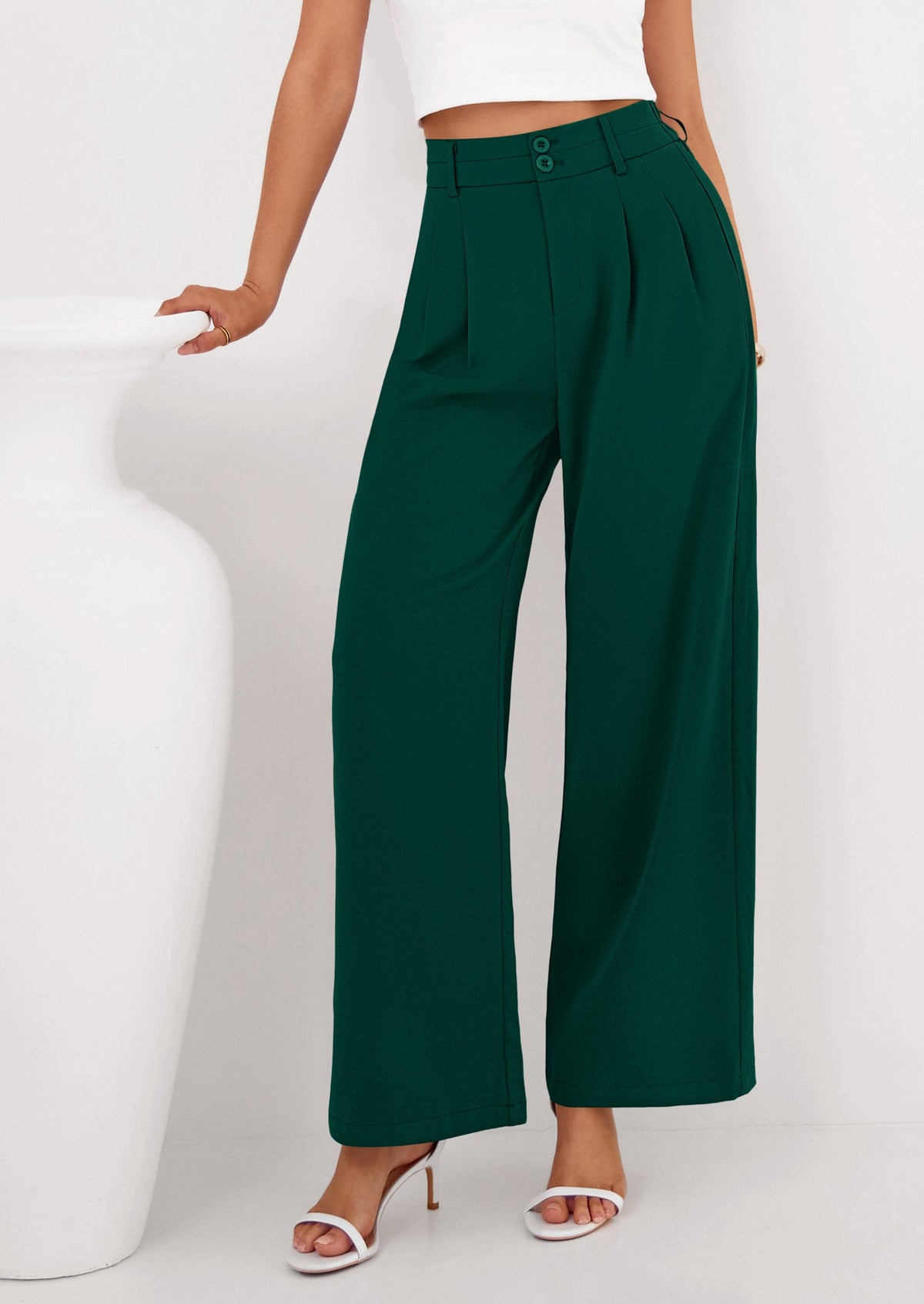 PRETTYGARDEN Womens Spring Wide Leg Palazzo Pants Trendy Loose Button High Waist Pleated Work Business Casual Trousers PRETTYGARDEN