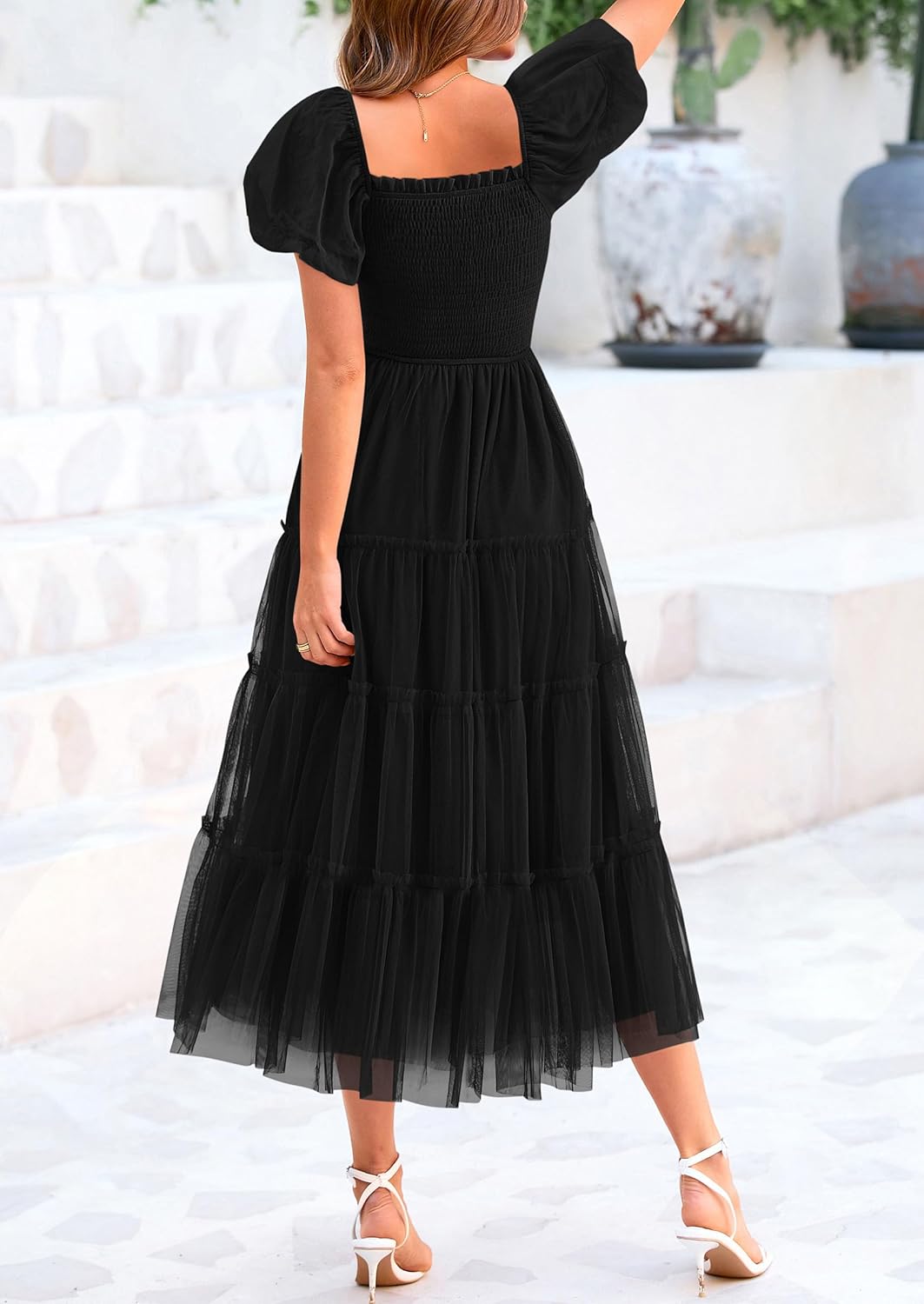 Women's Smocked Midi Tulle Dress 2025 Summer Puffy Short Sleeve Square Neck Ruffle Wedding Guest Party Dresses