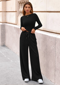 PRETTYGARDEN Women's 2 Piece Lounge Sets Fall Fashion Long Sleeve Crop Top Wide Leg Pants Matching Sets Clothing