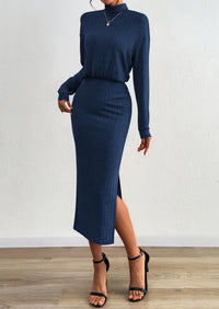 PRETTYGARDEN Turtle Neck Dresses for Women Fall Knit Outfits Slit Elastic Waist Long Sleeve Bodycon Midi Sweater Dress