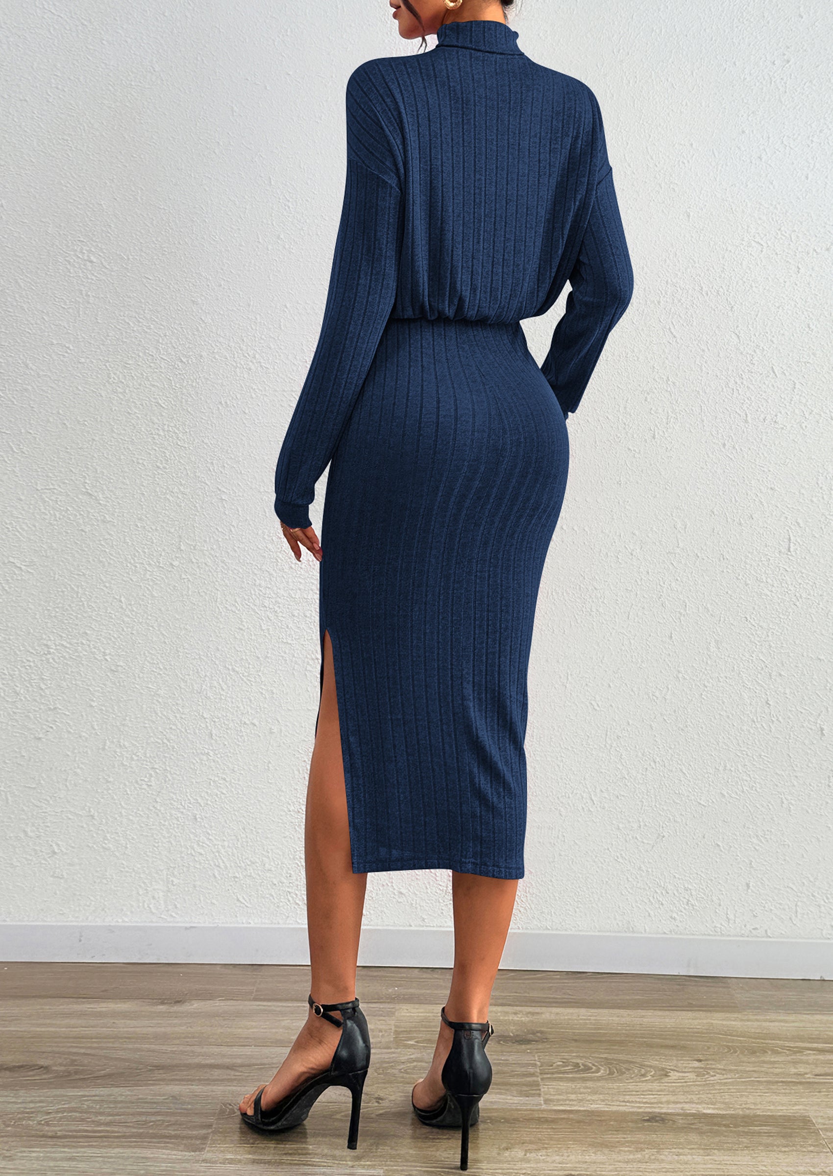 PRETTYGARDEN Turtle Neck Dresses for Women Fall Knit Outfits Slit Elastic Waist Long Sleeve Bodycon Midi Sweater Dress