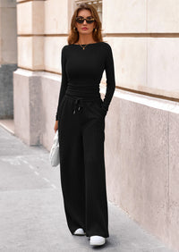 PRETTYGARDEN Women's 2 Piece Lounge Sets Fall Fashion Long Sleeve Crop Top Wide Leg Pants Matching Sets Clothing