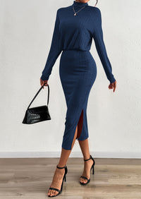 PRETTYGARDEN Turtle Neck Dresses for Women Fall Knit Outfits Slit Elastic Waist Long Sleeve Bodycon Midi Sweater Dress