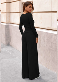 PRETTYGARDEN Women's 2 Piece Lounge Sets Fall Fashion Long Sleeve Crop Top Wide Leg Pants Matching Sets Clothing