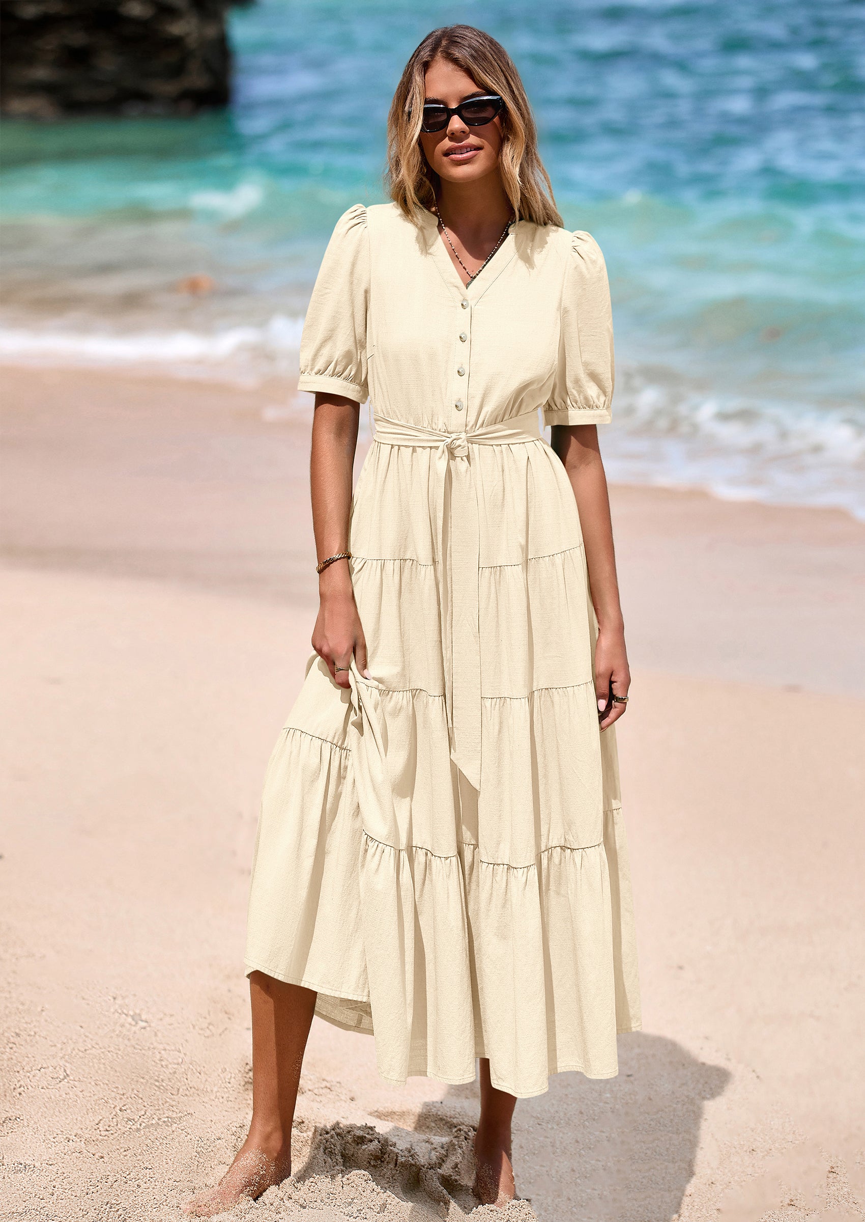 PRETTYGARDEN Women's Midi Dress Casual Short Sleeve V Neck Buttons Belted Ruffle A Line Flowy Dress with Pockets