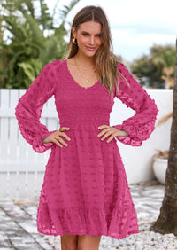 BTFBM Spring Dresses for Women 2026 Long Sleeve Casual V Neck Swiss Dot Smocked Ruffle Chiffon Flowy Mini Summer Dress PRETTYGARDEN