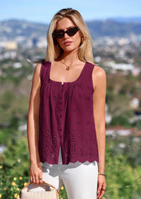 PRETTYGARDEN Womens Tank Tops Summer Button Down Shirts Embroidered Eyelet Dressy Casual Blouses Beach Vacation Clothes