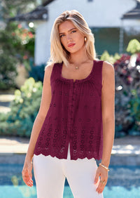 PRETTYGARDEN Womens Tank Tops Summer Button Down Shirts Embroidered Eyelet Dressy Casual Blouses Beach Vacation Clothes