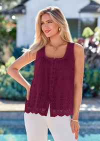 PRETTYGARDEN Womens Tank Tops Summer Button Down Shirts Embroidered Eyelet Dressy Casual Blouses Beach Vacation Clothes