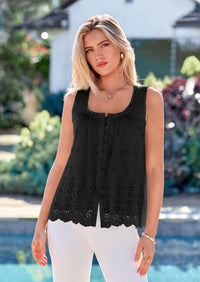 PRETTYGARDEN Womens Tank Tops Summer Button Down Shirts Embroidered Eyelet Dressy Casual Blouses Beach Vacation Clothes