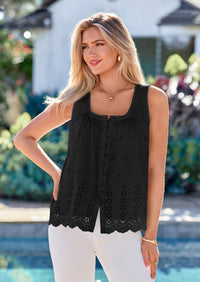 PRETTYGARDEN Womens Tank Tops Summer Button Down Shirts Embroidered Eyelet Dressy Casual Blouses Beach Vacation Clothes
