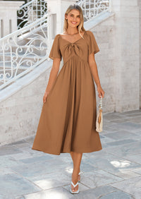 PRETTYGARDEN Summer Dress for Women Casual Short Sleeve Bow Tie V Neck Ruffle Midi Flowy Dresses