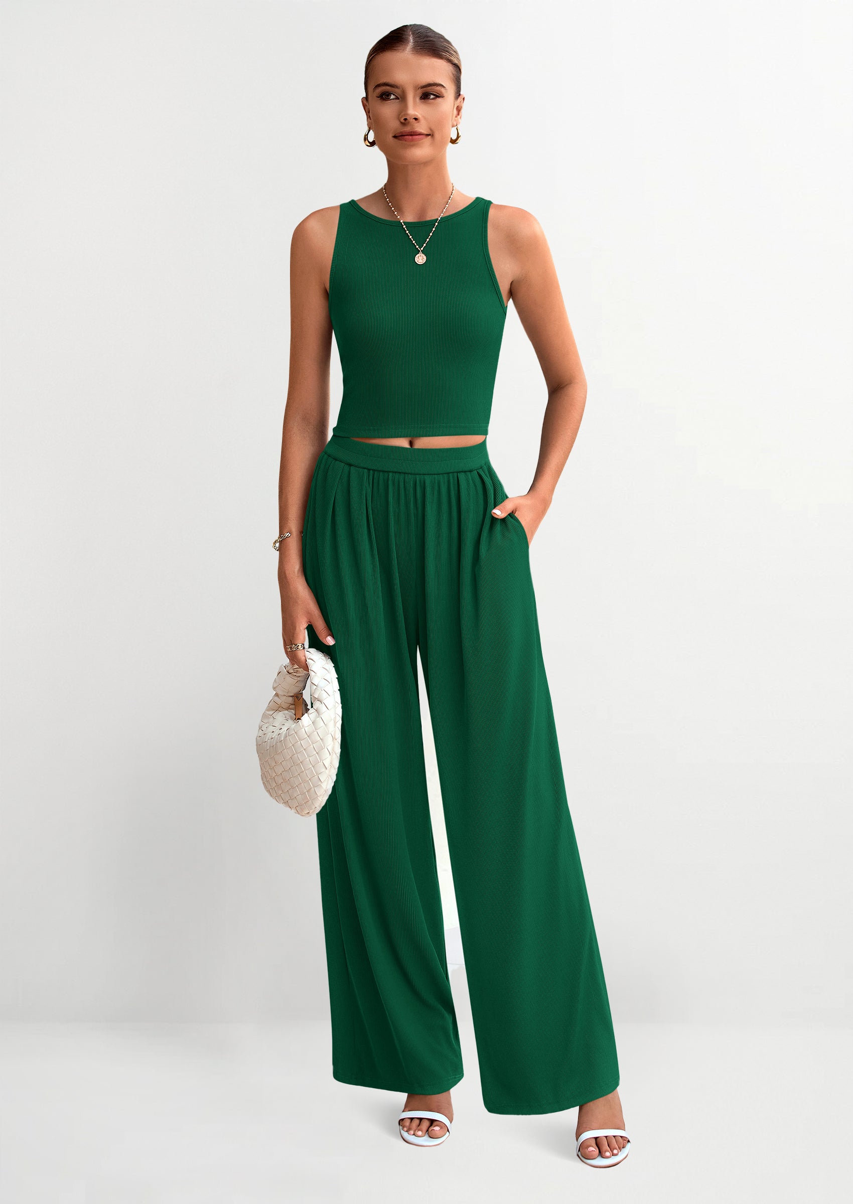 PRETTYGARDEN Two Piece Sets Ribbed Knit Crew Neck Sleeveless Tank Tops Wide Leg Pants Casual Lounge Set