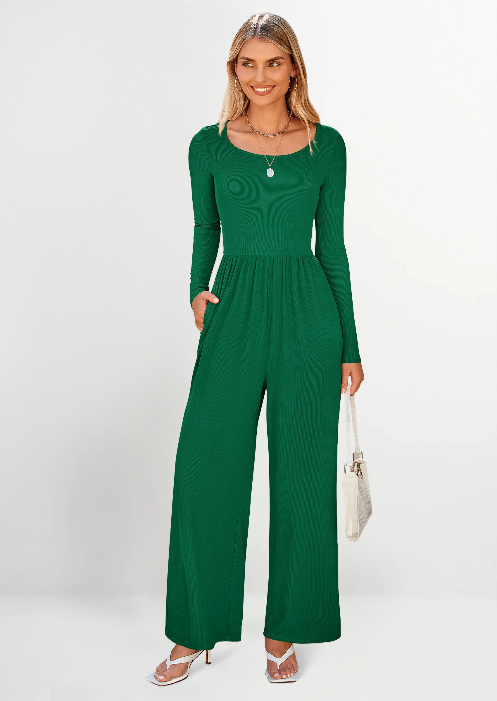 PRETTYGARDEN Fashion Jumpsuits Dressy Casual Long Sleeve Wide Leg Ribbed Knit Rompers