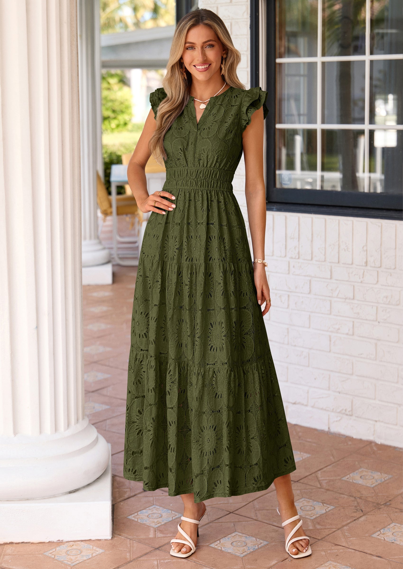 PRETTYGARDEN Womens Boho Maxi Dresses Summer Floral Lace Eyelet V Neck