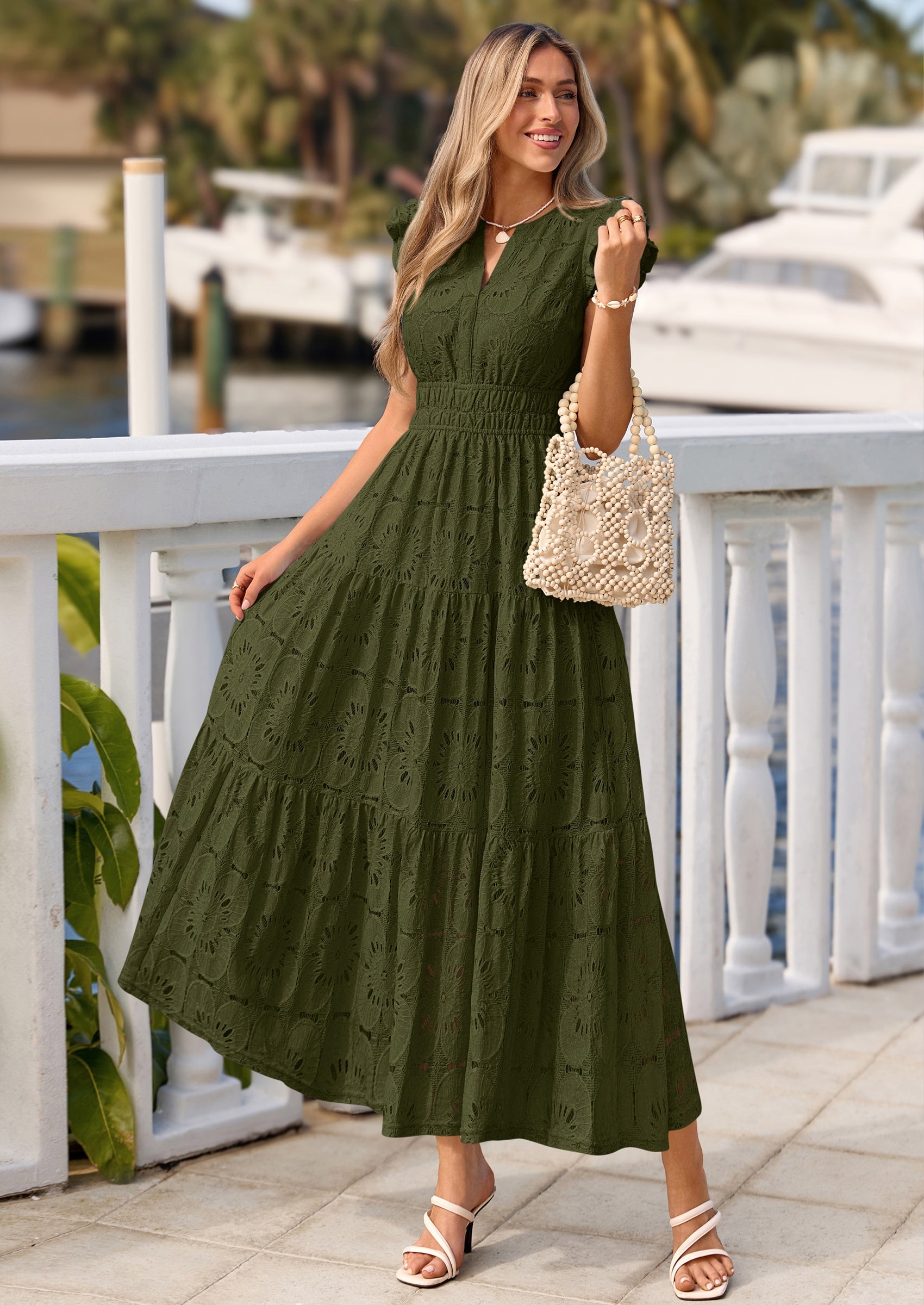 PRETTYGARDEN Womens Boho Maxi Dresses Summer Floral Lace Eyelet V Neck