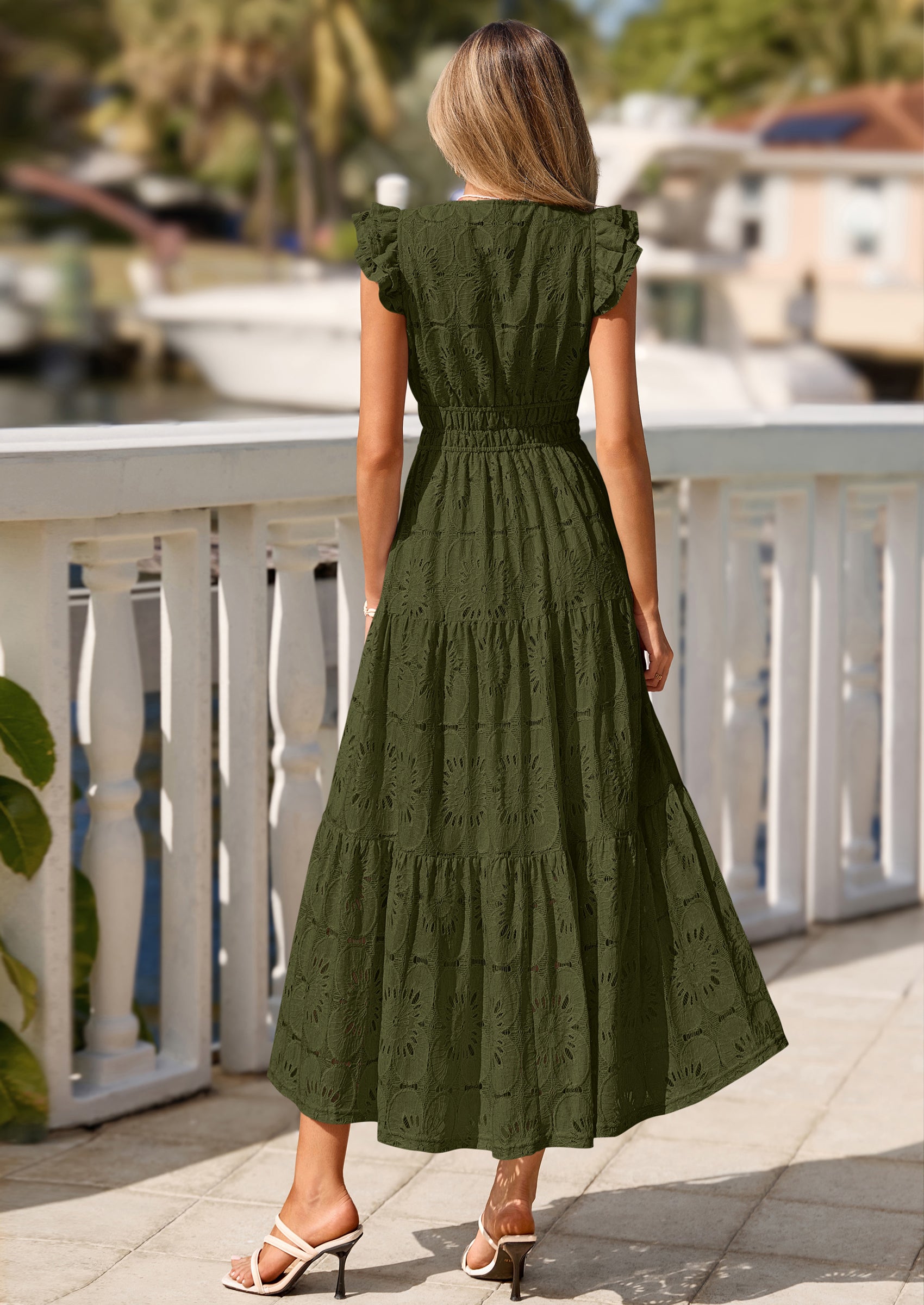 PRETTYGARDEN Womens Boho Maxi Dresses Summer Floral Lace Eyelet V Neck