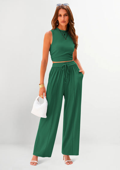 PRETTYGARDEN 2 Piece Sets Sleeveless Tank Ribbed Travel Vacation Lounge Wear Outfits