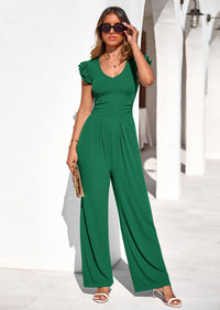 PRETTYGARDEN One Piece Jumpsuits For Women Dressy Ruffle Cap Sleeve V Neck Ribbed Knit Wide Leg Romper Spring Outfits PRETTYGARDEN