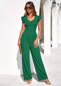 PRETTYGARDEN One Piece Jumpsuits For Women Dressy Ruffle Cap Sleeve V Neck Ribbed Knit Wide Leg Romper Spring Outfits PRETTYGARDEN