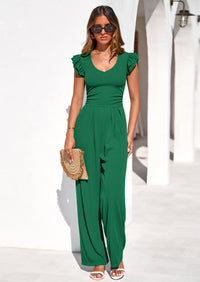 PRETTYGARDEN One Piece Jumpsuits For Women Dressy Ruffle Cap Sleeve V Neck Ribbed Knit Wide Leg Romper Spring Outfits PRETTYGARDEN
