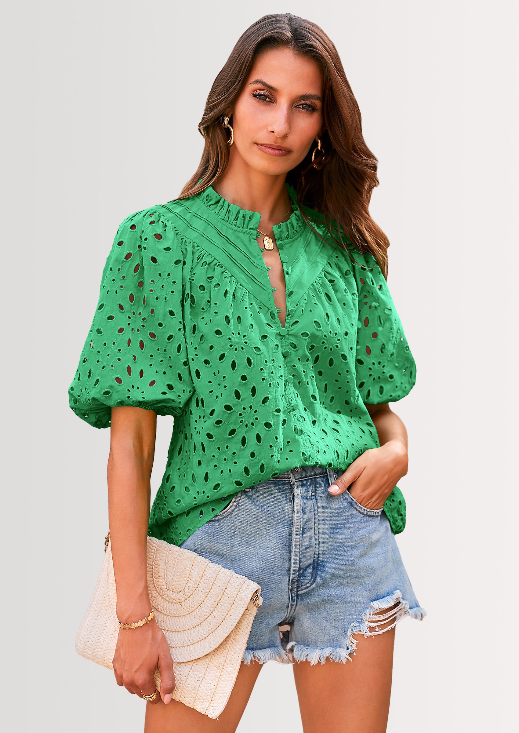 PRETTYGARDEN Women's Summer Short Sleeve Tops Dressy Casual Buttons V Neck Hollow Out Lace Embroidered Blouses Shirts