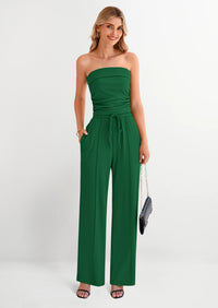 PRETTYGARDEN 2 Piece Sets Casual Ribbed Knit Crop Tube Top Wide Leg Pants Lounge Set