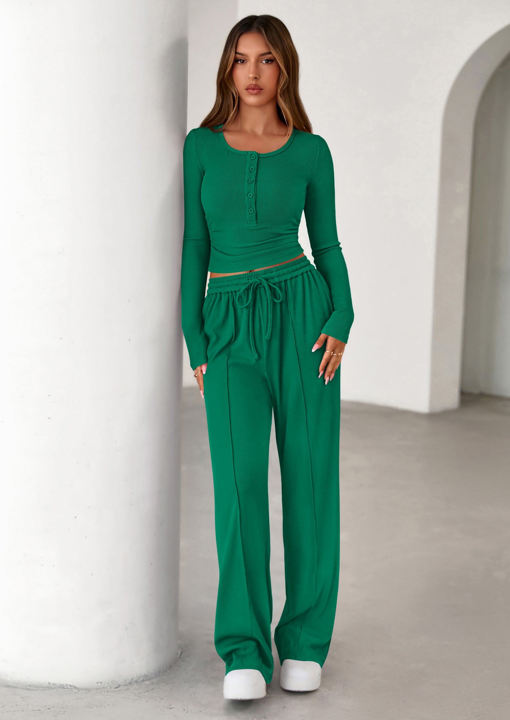 PRETTYGARDEN Women's Fall Trendy 2 Piece Outfits Lounge Sets Long Sleeve Top Henley Shirts Wide Leg Pants Travel Clothes