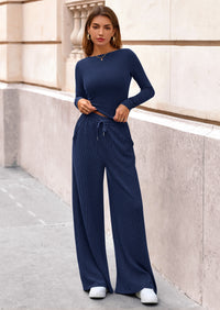 PRETTYGARDEN Women's 2 Piece Lounge Sets Fall Fashion Long Sleeve Crop Top Wide Leg Pants Matching Sets Clothing