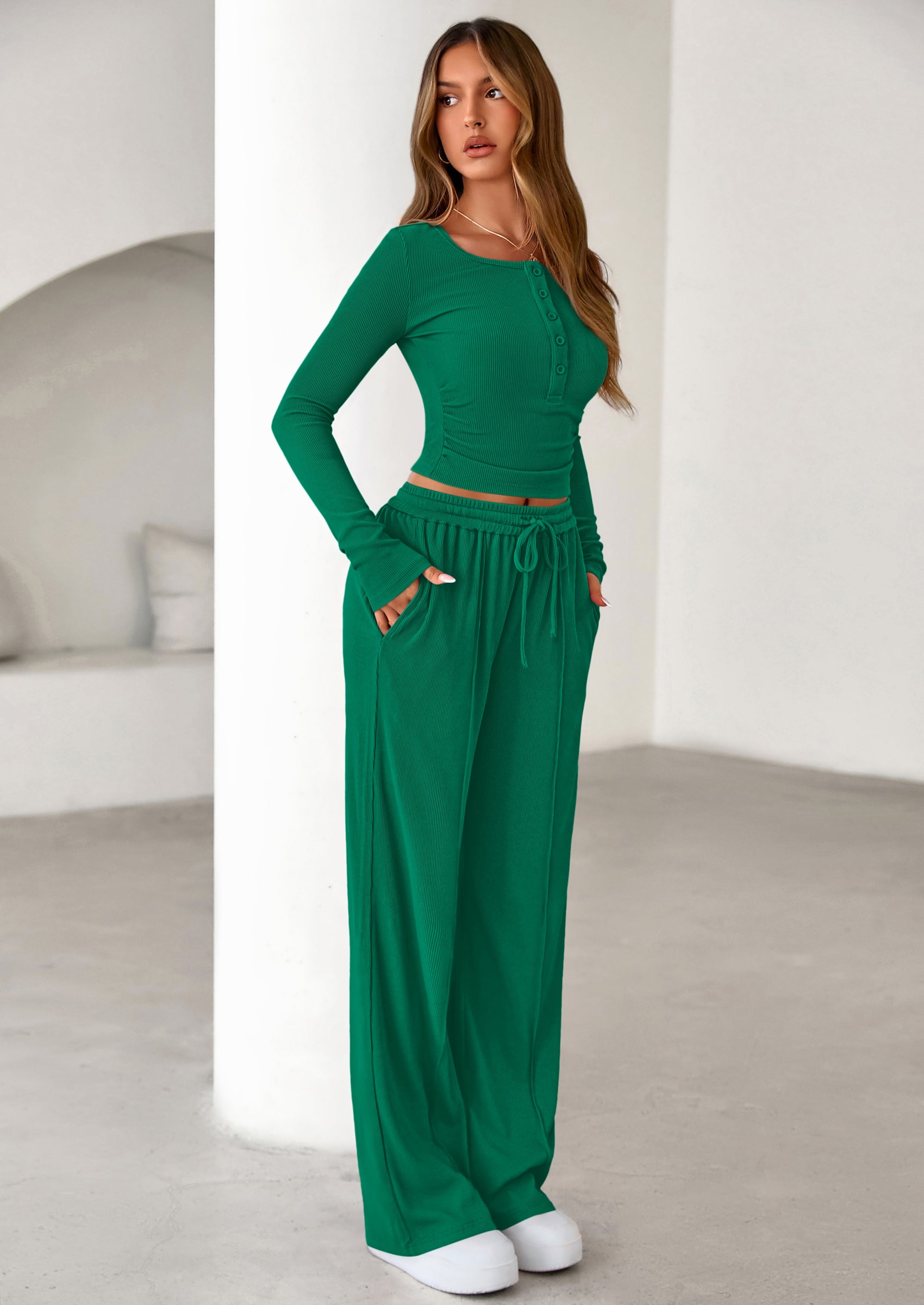 PRETTYGARDEN Women's Fall Trendy 2 Piece Outfits Lounge Sets Long Sleeve Top Henley Shirts Wide Leg Pants Travel Clothes