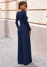 PRETTYGARDEN Women's 2 Piece Lounge Sets Fall Fashion Long Sleeve Crop Top Wide Leg Pants Matching Sets Clothing