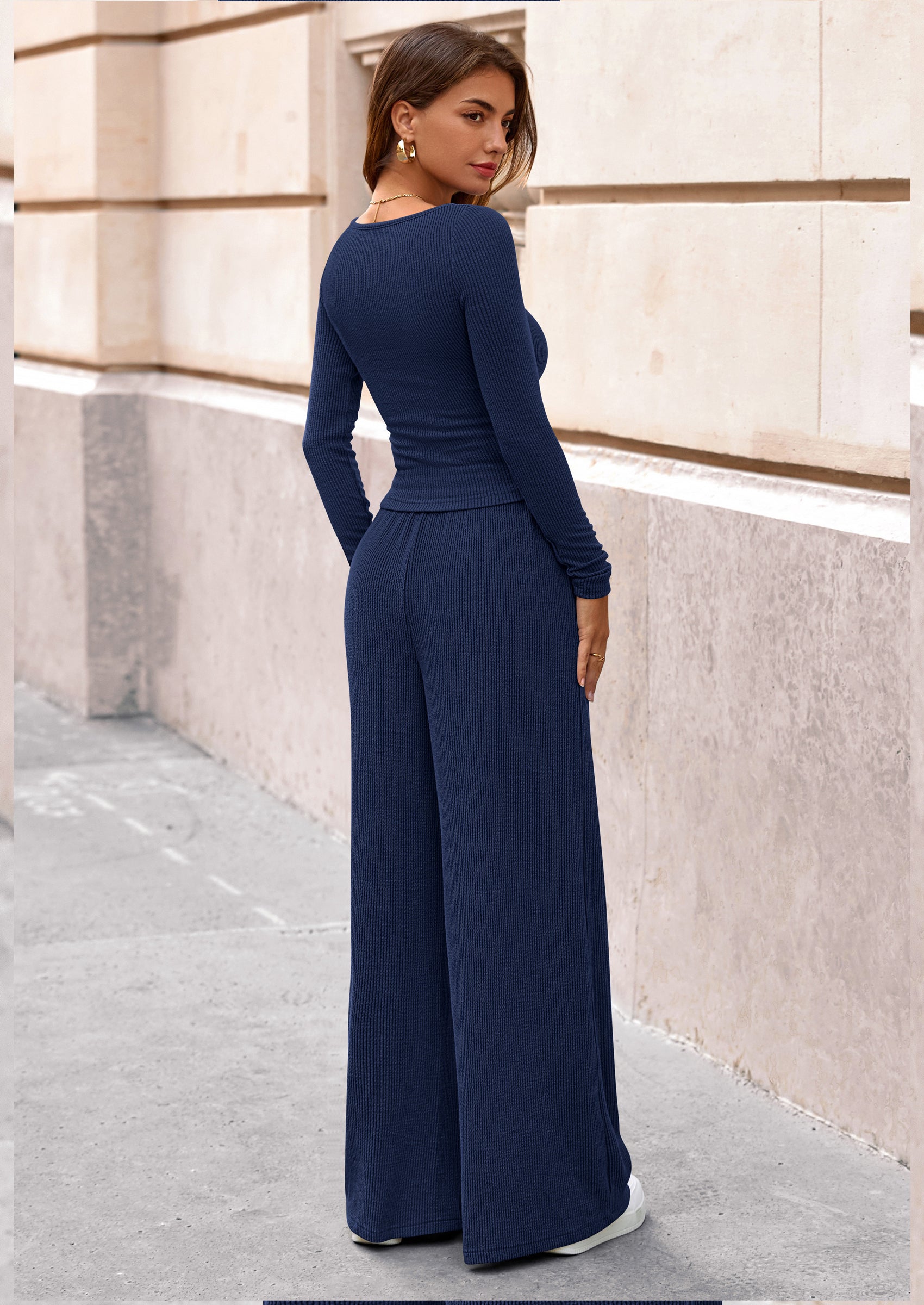 PRETTYGARDEN Women's 2 Piece Lounge Sets Fall Fashion Long Sleeve Crop Top Wide Leg Pants Matching Sets Clothing