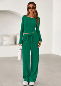 PRETTYGARDEN Women's Fall Trendy 2 Piece Outfits Lounge Sets Long Sleeve Top Henley Shirts Wide Leg Pants Travel Clothes