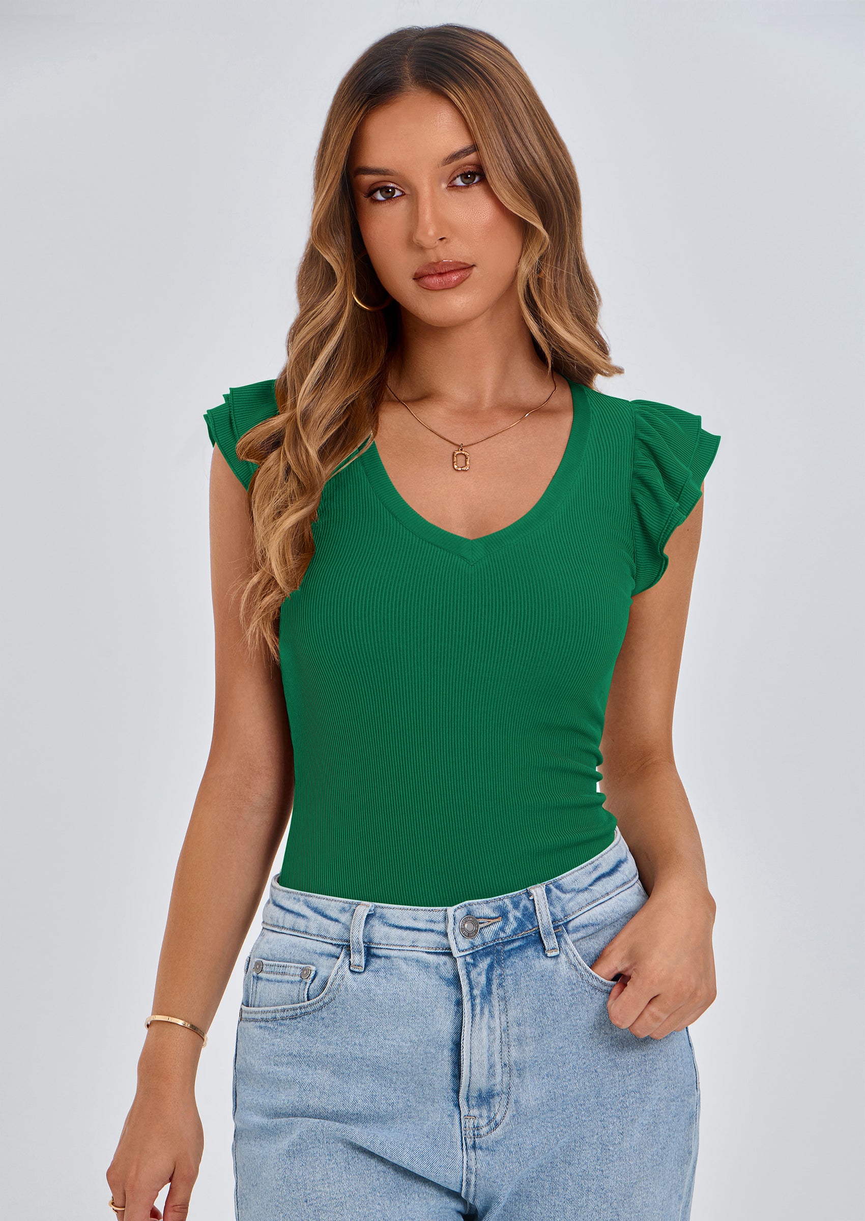 PRETTYGARDEN Womens V Neck Summer Tops Ruffle Sleeveless Slim Fit T Shirts Going Out Casual Blouses