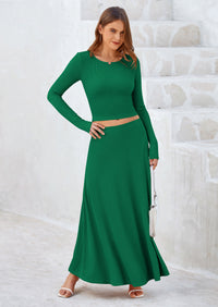 PRETTYGARDEN 2 Piece Casual Ribbed Knit Long Sleeve Crop Tops Maxi Flowy Skirts Matching Sets