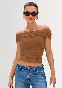 PRETTYGARDEN Summer Tops for Women Off Shoulder Short Sleeve Ruched Slim Fit Shirts Blouses Y2K Going Out Top