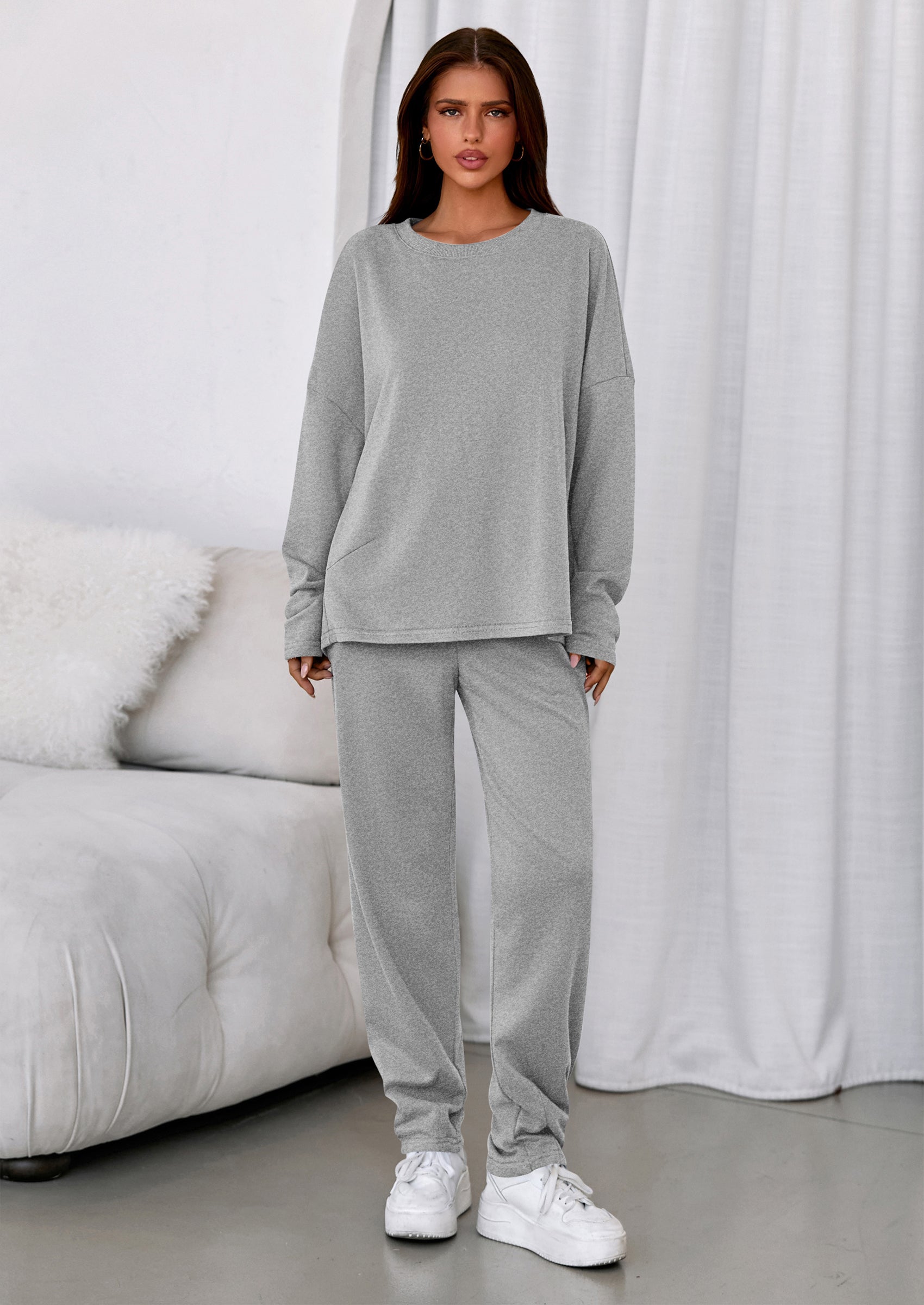 PRETTYGARDEN Womens 2 Piece Matching Lounge Sets Fall Long Sleeve Boatneck Sweatsuit Drawstring Sweatpants Pockets